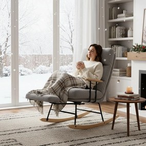 Hintaszék fa lábakkal, plüss szövettel, 4 fokozatban állítható háttámlával,  Szürke színben