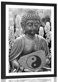 Poszter paszportuval jin és jang jel Buddha kezében fekete fehérben