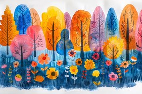 Fotótapéta Flizelina Gyerekek Színes Erdő Park Fák Virágok 254x184 ragasztó