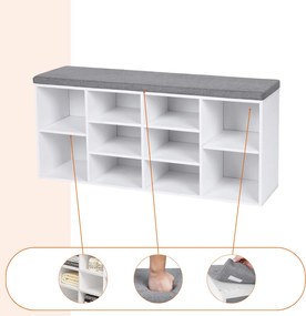 GABI cipősszekrény párnázott ülőkével, 10 rekesz, 104x30x48cm, szürke/fehér Jurhan