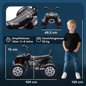 AIYAPLAY Elektromos gyermek quad, 24 V-os elektromos jármű 4 kerékkel, fényszórókkal, USB porttal, MP3, fekete