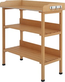 Outsunny 3-Tier Fa Ültető Asztal Kertészet Asztal Fém Felülettel, 2 Polccal és Akasztókkal, Időjárásálló Kert Terasz Erkély 76x37x89 cm Természetes Fa