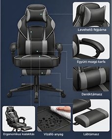 Ergonomikus irodai szék kihúzható lábtartóval, 90–135°-ban dönthető, 150 kg-ig, fekete-szürke
