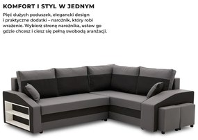Grande sarokkanapé polcokkal és puffokkal , polc a bal karfaban puffok a jobb karfaban, jobboldali, szövet anyag, hab töltet, szürke - fekete