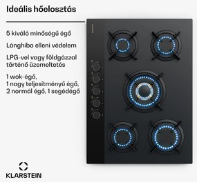 Klarstein Goldflame Nano gáz főzőlap, 5 sárgaréz égő, Nano bevonat, LPG/földgáz