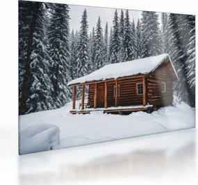Üveg kép - Hóval borított kunyhó (70x50 cm)