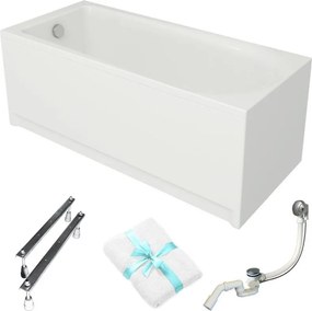 Téglalap alakú kád Cersanit Flavia 160x70 fehér burkolat szifon lábak törölköző