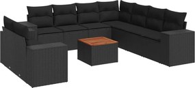 vidaXL 10 részes fekete polyrattan kerti ülőgarnitúra párnákkal