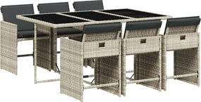 vidaXL 7 részes világosszürke polyrattan kerti étkezőszett párnával