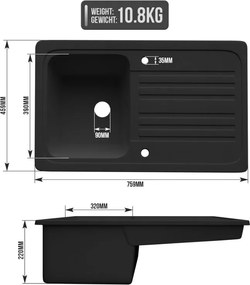 Gránit mosogató csepegtetővel és keverőcsappal fekete