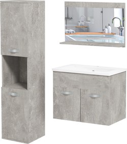 Kleankin 3 részes Fali Fürdőszobai Bútor Készlet Kerámia Mosdóval, Tükörszekrénnyel és Modern Stílusú Fürdőszobai Oszloppal Szürke | Aosom