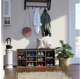 GABI cipősszekrény párnázott ülőkével, 10 rekesz, 104x30x48cm, fekete/sötét barna Jurhan