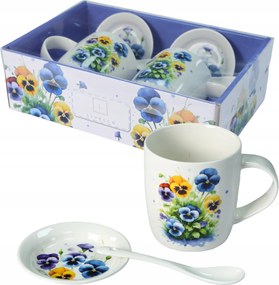 2 db-os porcelán bögre szett ajándék 340 ml Livello csészealj árvácska kanál