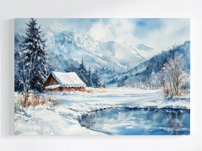 Poszter Tájkép Hegyek Tó Ház Tél Hó 120x80