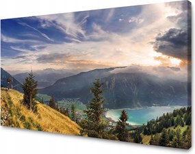 Vászonkép Nap a hegyek felett Felhők Falu 90x60 cm