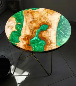 Kerek Dohányzóasztal Fa Zöld Gyantával Loft 60cm