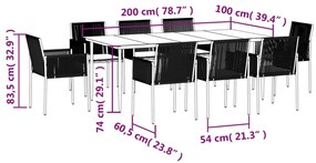 9 részes fekete polyrattan és acél kerti étkezőszett párnákkal