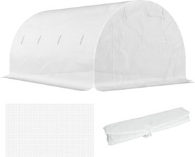 Outsunny Csere Burkolat Kert Alagút Üvegházhoz 12 m², 4 x 3 x 2 m PE Anti-UV vízálló 8 ablak + Cipzáras Felhúzható Ajtó Fehér | Aosom