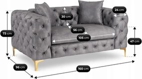Sofa SORRENTO 2S Dwuosobowa Szara Welurowa