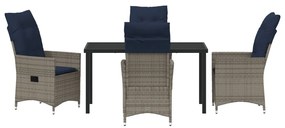 5 részes kerti étkezőgarnitúra párnákkal - Szürke poli rattan, fekete asztal 140x80x73 cm - Temperált üveg