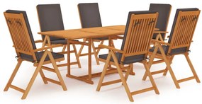 vidaXL 7 részes tömör tíkfa kerti étkezőgarnitúra szürke párnákkal