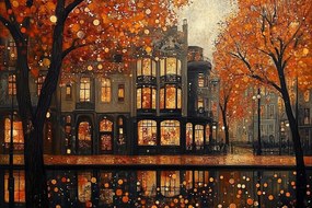 Vászonkép Canvas Város Utca Bérházak Ősz Levelek Eső 60x40