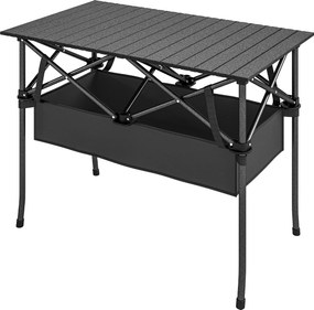 Outsunny összecsukható kempingasztal, 93 x 55 x 68 cm, hordozható gurítható alumínium lappal és tárolóhálóval, fém váz, hordtáska, fekete | Aosom