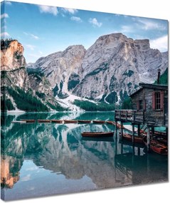 Vászonkép 40x40 Hegyi tó és házikó