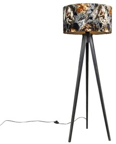 Állólámpa állvány fekete virágmintás árnyékolóval 50 cm - Tripod Classic