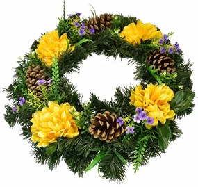 Halászcsésze koszorú sárga krizantémokkaldíszítve, 35 cm