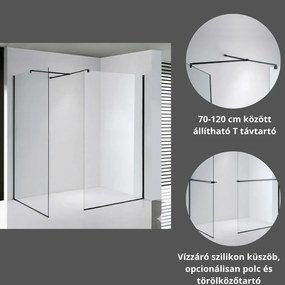 Stuxi Milano Kombi Black Walk-in zuhanyfal, 140x100 cm, 8 mm vastag vízlepergető biztonsági üveggel, 200 cm magas, matt fekete