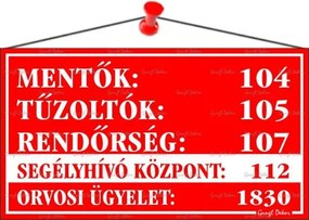 Információs tábla, 22,5x12,5 cm, Mentők tűzoltók, rendőrség telefonszámok, piros (LUIN029)