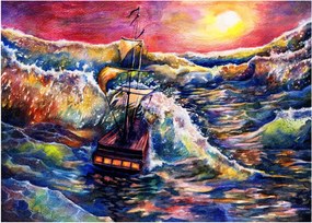 Kép - Hajó az óceán hullámain, aquarel (üvegen) (70x50 cm)