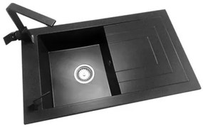 NERO Cortina Gránit mosogató + Design csaptelep + Szögletes adagoló (fekete - szemcsés)