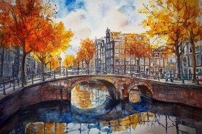 Vászonkép Canvas Őszi Amszterdam Híd Az Akvarell Csatorna Felett 120x80