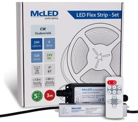 McLED  LED szalag - készlet 3 m + Vevő Nano IP67, 240 LED/m, CW, 6 W/m, DC 24V, 520 lm/m, CRI90, IP67, 10 mm, Vezető 3 m ML-126.032.90.S03002