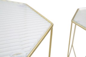 hatszögletű fém kisasztal készlet geometrikus vázzal és üveglappal – 2 db – arany színű