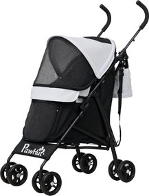 PawHut Kutya Babakocsi - Összecsukható Kutyáknak és Macskáknak, Háló Ablakokkal, Vállszíjjal, Tárolótáskával, Pohártartóval, Napernyővel - Világosszür