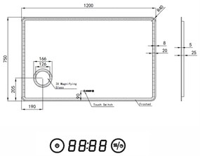 Fürdőszobai LED tükör 120x75cm | Páramentesítő - Kozmetikai tükör - Fényerő + színhőfok állítás - Digitális óra | Welland Luxury-Line G1094