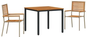 3 részes kerti étkezőszett Bézs poly rattan akáciából, Összecsukható kerti székek párnákkal - 2 darab Bézs poly rattanban, Kerti asztal 90x90x75 cm Szilárd akácia fa és fém