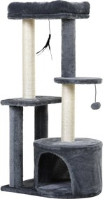 PawHut Macska Fának Természetes Szizál Kaparóoszlopokkal, Kaparópárnákkal, Játékközponttal, Rejtekhellyel, Platformokkal és 2 Lógó Játékoszóval - Szür