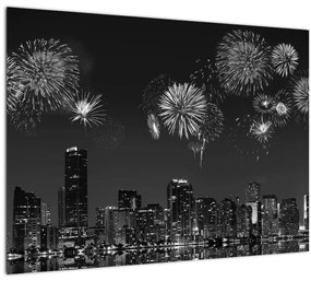 Kép - tűzijáték Miamiban, fekete és fehér (üvegen) (70x50 cm)