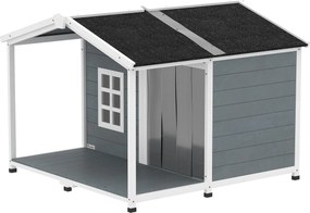 PawHut vízálló fa kültéri kutyaház — 103 x 107 x 83,5 cm, emelt kennel felnyitható aszfalt tetővel, terasszal és ablakkal — Szürke — Közepes kutyáknak