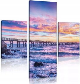 Vászonkép 80x80 Napkelte/napnyugta tenger hullámok híd ég felhők színek