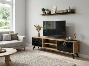 TV szekrény ZEN 160 cm fali polccal, dió/fekete márvány dekoráció