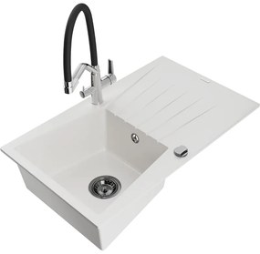 Mexen Cesar 1 rekeszes gránit mosogató lefolyóval és Duo konyhai csapteleppel, fehér - 6514-20-671701-07-B