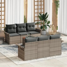 7 darabos kerti kanapé szett párnákkal szürke poli rattan akáccal, 2 szemes kerti kanapé tárolóval és párnákkal szürke poli rattan