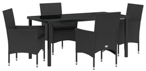 5 Részes Kerti Étkezőszett Párnákkal Fekete Poli Rattannal, Kerti Asztal Fekete 160x80x73 cm Edzett Üveggel