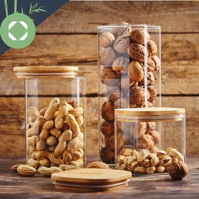 Klarstein Szögletes élelmiszertároló edény bambusz fedéllel, 10 × 20,5 × 10 cm, 3 × 1500 ml, légmentes, szilikon tömítéssel