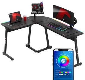 Sarok gamer asztal, íróasztal 147x112cm RGB SMART fekete.
